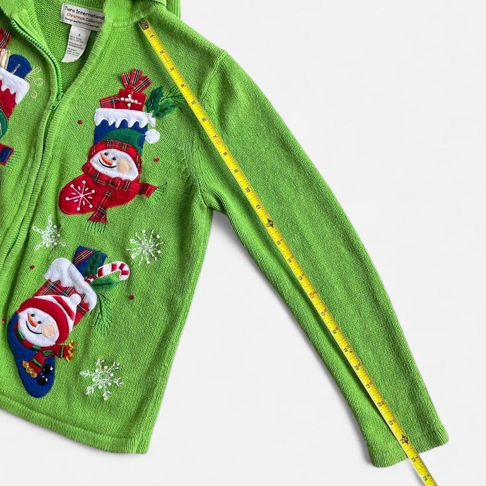 Vintage Tiara International Christmas Green Knit Embroidered Snowman Cardigan - Picture 6 of 8